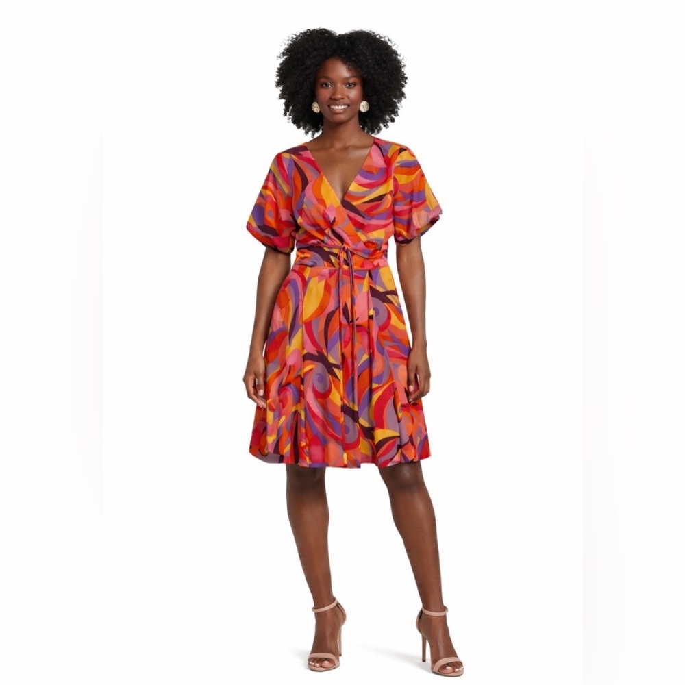 Donna Morgan Womens V Neck Print Colorful Orange Pink Yellow Dress Size: 6